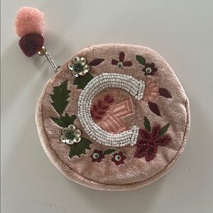 Pink and Green Embroidered Cosmetic Bag with Pom-Poms